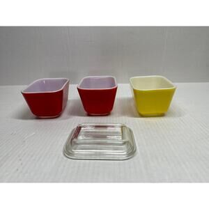 Vintage Pyrex Small Refrigerator Dishes With Lids Yellow Red 501 lot of 3 +1 lid